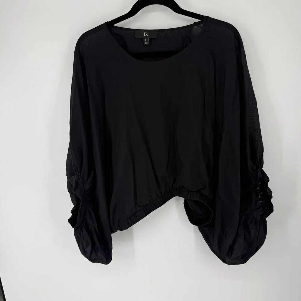 Banana Republic Eliana Cotton Silk Top Size L Black Balloon Sleeve Bubble Hem